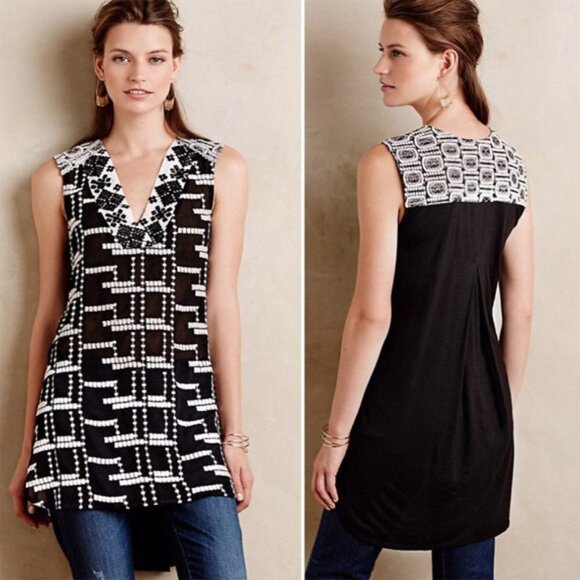 ANTHROPOLOGIE/ANTHRO Tiny Chaparral Tunic Size S Black White - Picture 2 of 5